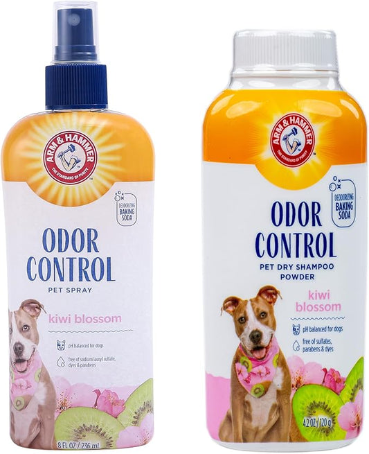Arm & Hammer Dog Odor Control Bundle - Super Deodorizing Spray (Kiwi Blossom, 8 oz) & Dry Shampoo Powder (Kiwi Blossom, 4.2 oz), Odor Eliminator for Dogs & Puppies