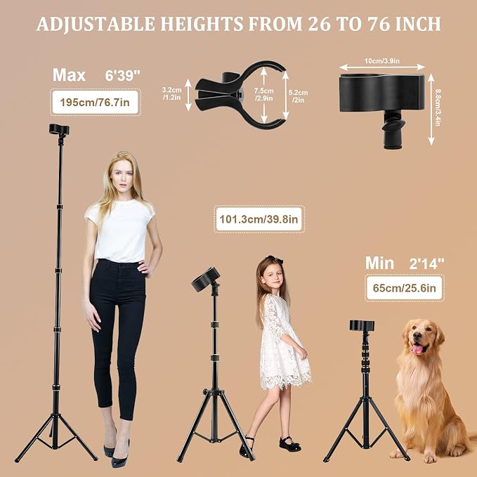 Hands Free Hair Dryer Stand with Tripod, 26-76 Inch Adjustable Height, 180° Rotating Universal Clip, Foldable Metal Blow Dryer Holder for Bathroom Vanity Makeup Room Home Styling & Pet Grooming, Fits Most Hair Dryers