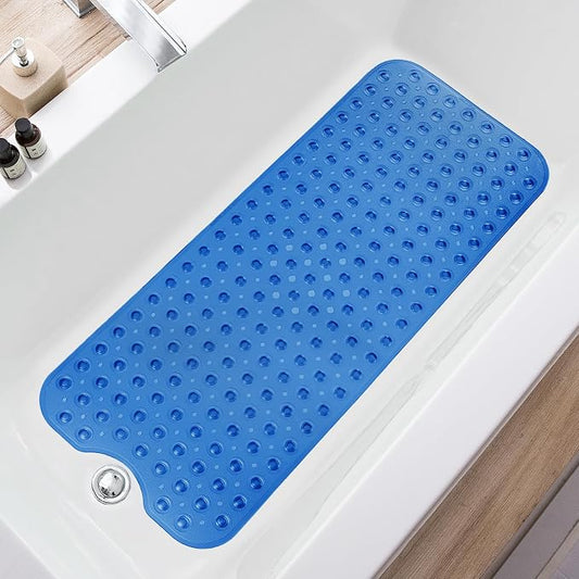 TEESHLY Bathtub Mats for Shower Tub, Extra Long Non-Slip 39 x 16 Inch Bath Mat with Drain Holes and Suction Cups, BathMat for Bathroom with Machine Washable (Clear Blue)