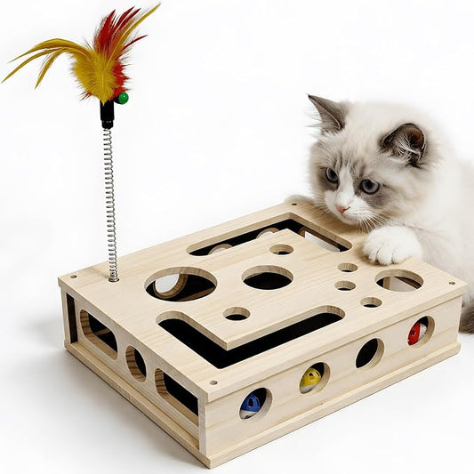 Cat Nail File Enrichment Box for Indoor Cats Solid Wood Cat Scratcher with Built in Sandpaper Self Grooming Puzzle Toy Stress Free Alternative to Cat Nail Clippers & Grinders