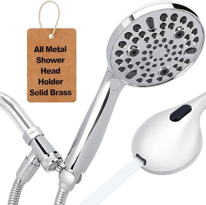 Shower Head with Handheld: Long Hose and Metal Holder, Water Saver Low Flow | California restrictions Showerhead Built-in Power Wash to Clean Tub,Tile & Pets, Multi Mode Adjustment Sprayer,Chrome, 1.8GPM