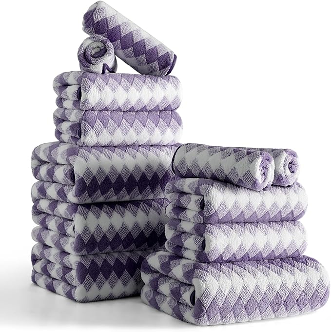 12 Pcs Purple White Diamond Towel Set-4 Bath Towels,4 Hand Towels,4 Washcloths Soft Polyester Bath Sheet with Loop Absorbent Shower Towel Quick Dry Beach Chair Towel Family Towels for Bathroom Spa Gym