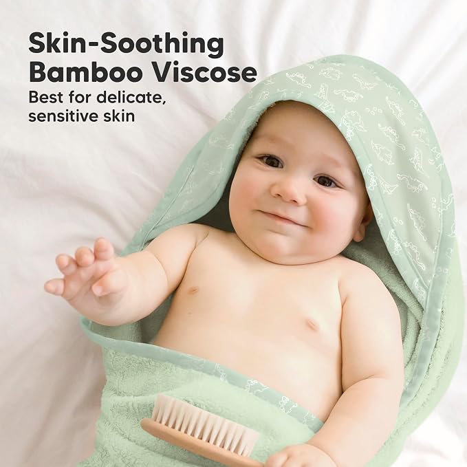 KeaBabies Hooded Baby Towel for Newborn, Baby Bath Towels (Dinos, 30x30) | Viscose Derived from Bamboo, Large Baby Towels with Hood, Boys, Girls, Toddler, Soft Absorbent Baby Bath Essentials