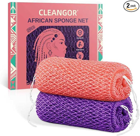 Cleangor 2Pcs African Net Sponge Authentic with Knots - Exfoliating Body | Scrubber for All Skin Types, African Bath Sponge, Wash Cloth, Gentle Exfoliation Shower Rag for Women Daily Use
