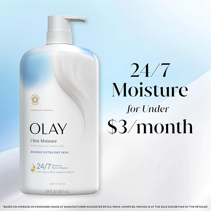 Olay Body Wash for Women, Ultra Moisture, Renews Extra Dry Skin, 24/7 Moisture Barrier Repair, Hydrating Formula for Visibly Healthy Soft Skin, Vitamin B3 & Hyaluronic Blend, All Skin Types, 35 fl oz
