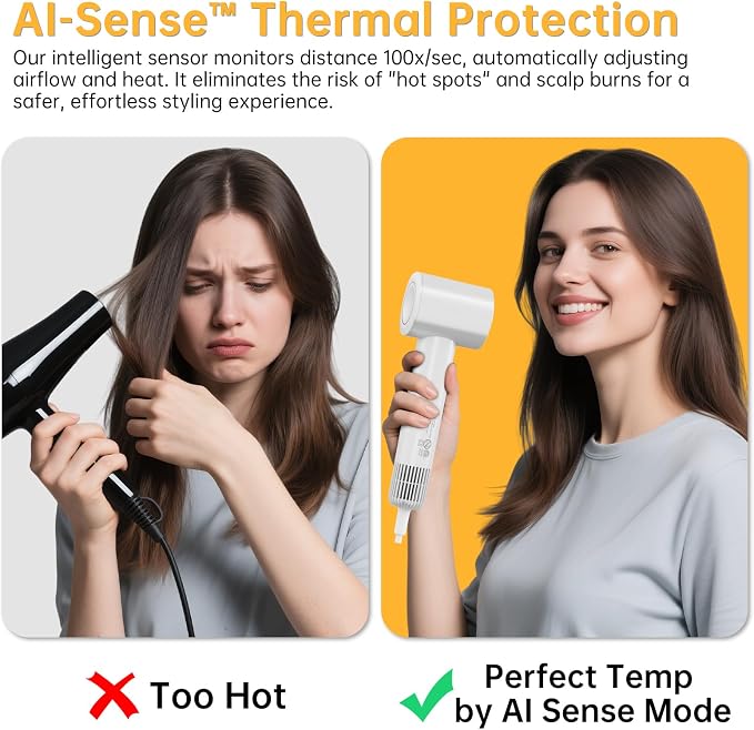 Smart Hair Dryer with Intelligent Heat Control, Negative Ionic Hair Dryer with 110,000 RPM High-Speed Motor, Fast Drying, Low Noise, Anti-Frizz, 5 Temps & 2 Speeds, for Home & Travel, No Heat Damage
