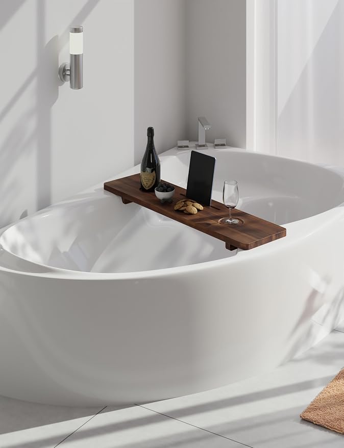 Tinamo 35”L Wooden Bathtub Tray, Bathtub Caddy Tray For Tub with Tablet Slot & Wine Holder - Acacia Bath Tray For Tub, Bath Table - Bathtub Tray Table with Adjustable Legs (Walnut color, 35"x 9"x2.5") | Acacia Wood, 35" x 9" x 2.5", Adjustable Width, B...