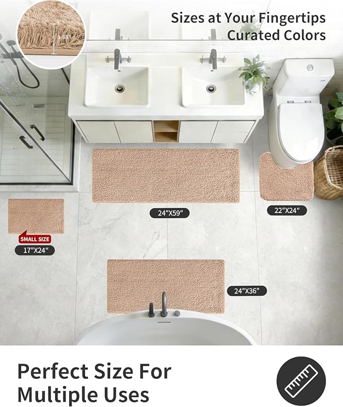 ILANGO Beige Bathroom Rugs 60" × 24" Non Slip & Super Absorbent Extra Thick Soft, Washable Bath Carpet Runner for Floor, Microfiber Plush Shaggy Bath Mats with Rubber for Bedroom Bathtub Shower Room