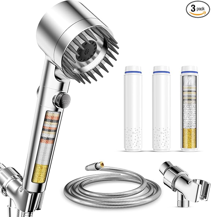 PWERAN Filtered Shower Head with Handheld, 3+1 Spray Modes High Pressure Shower Head with 3-PCS Filters for Hard Water Remove Chlorine, Detachable Showerhead with ON/OFF Switch for Pet Bath (Chrome)