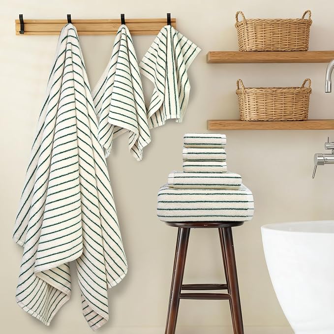 Jacquotha 8 Piece Green Towel Set, Super Soft & Absorbent Cotton Striped Towels for Bathroom Decor, 2 Bath, 2 Hand, 4 Washcloths