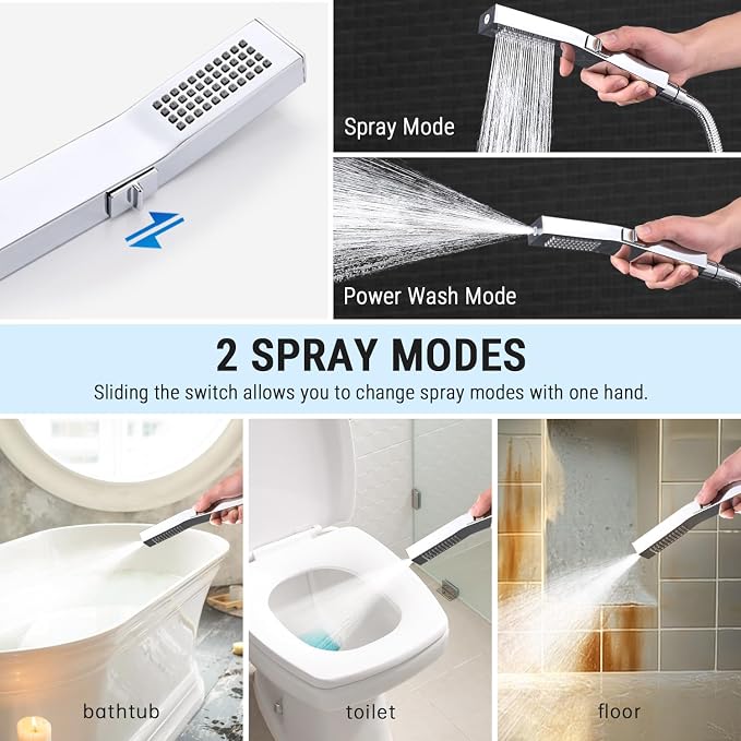 G-Promise All Metal Handheld Shower Head Built-in Power Wash Mode, with 70 Inch Stainless Steel Shower Hose Extra Long and Dual Purpose Hand held Holder, Side Push Button, Chrome
