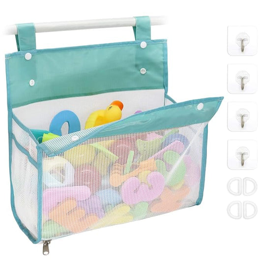 Muchfun Bath Toy Organizer Multiple Ways to Hang | Extra Large Opening Bathroom Toy Holder, Bottom Zipper Bathtub Toy Storage Bag (Blue)