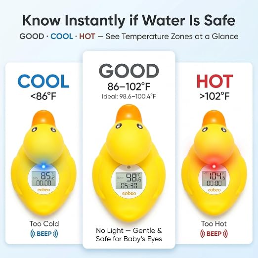 Baby Bath Thermometer with Smart Temperature Alert, Accurate Digital Water Thermometer, Adjustable High Temp Alert for Newborns, Floating Duck Toy with Timer, LED & Sound Alarm, BPA-Free, Waterproof