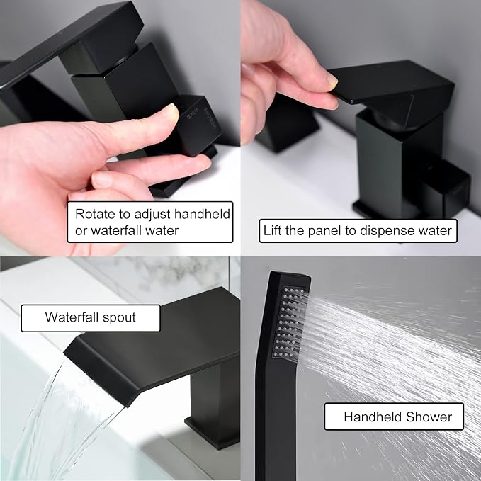 Waterfall Roman Tub Faucet with Hand Shower Matte Black 3 Hole Bathtub Faucet with Sprayer Deck Mount Bath Tub Filler Set
