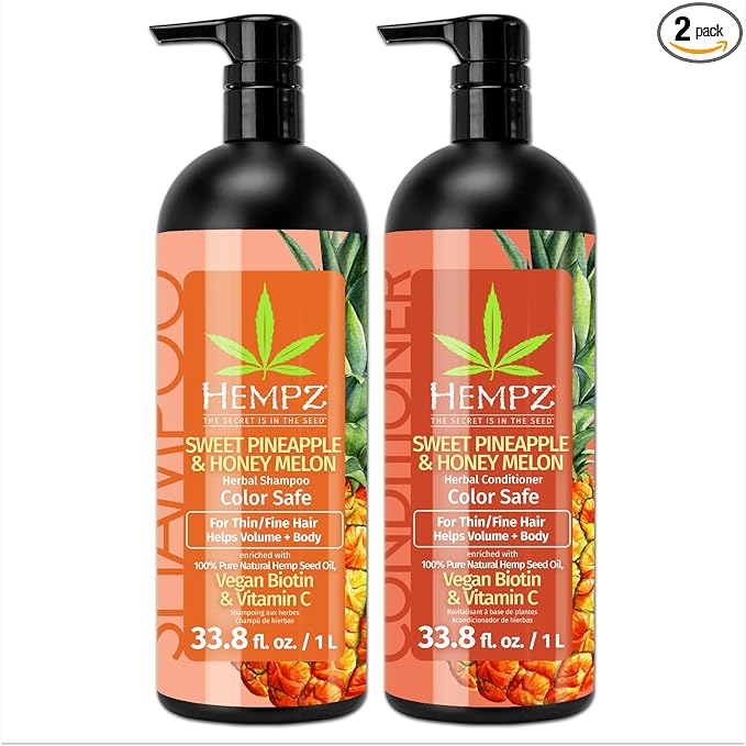 HEMPZ Hair Shampoo & Conditioner Set - Sweet Pineapple & Honey Melon Scent for Thin/Fine Dry, Damaged and Color Treated Hair, Hydrating, Softening, Moisturizing with Biotin Duo Set - 33.8 fl oz