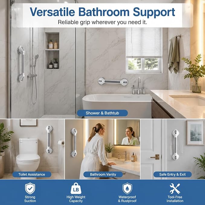 Grab Bars for Shower, 16.7 Inch Heavy Duty Suction Cup Handle, Dual Locking, No Drill Anti-Slip Support for Bathtub & Shower, Removable, 2 Pack