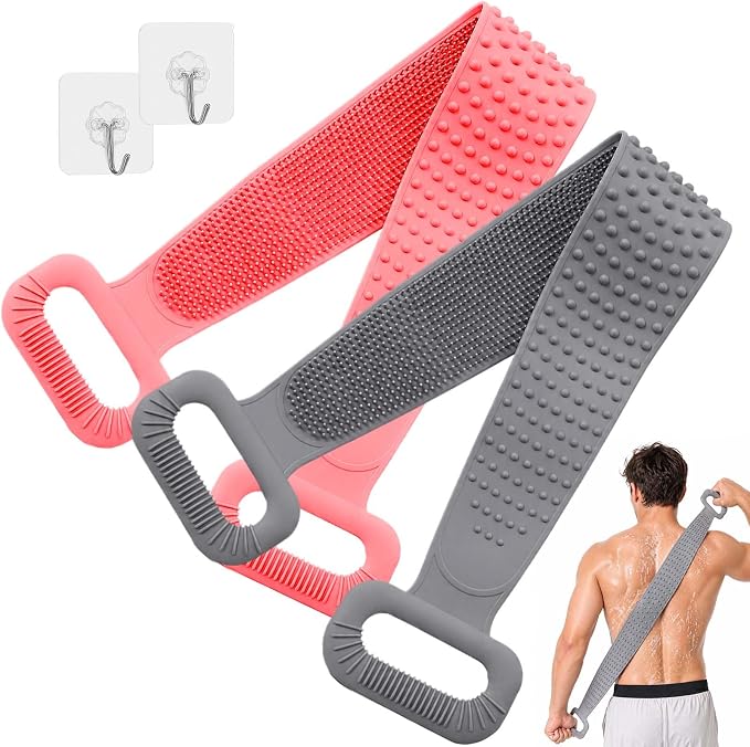 Manmihealth Silicone Back Scrubber for Shower, 36'' Extendable Back Washer with Long Strap Handle, Dual-Sided Silicone Body Brush for Men and Women (Gray+Pink)