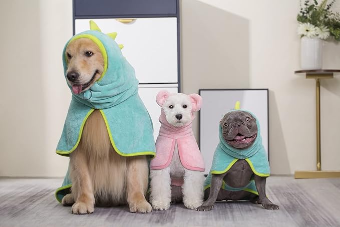 Pawyee Super Soft Fast-Drying Dog Towel with Drying Gloves for Cold Weather, Beach, Pool - Adjustable Microfiber Bath Robe Set (2 pcs) for Cats and Dogs (XL, Blue Dino)