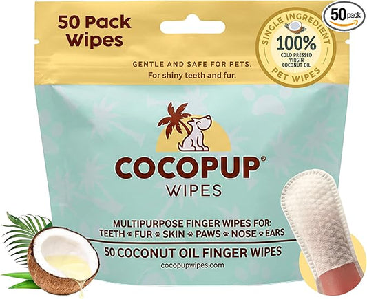 Cocopup Dog Teeth Cleaning Wipes | Pet Dental Finger Wipes | Dogs and Cats Tooth Cleaning Pads Plaque Remover Ear Nose Paws Fur Cleaners | Contains Coconut Oil | 1 Pack of 50