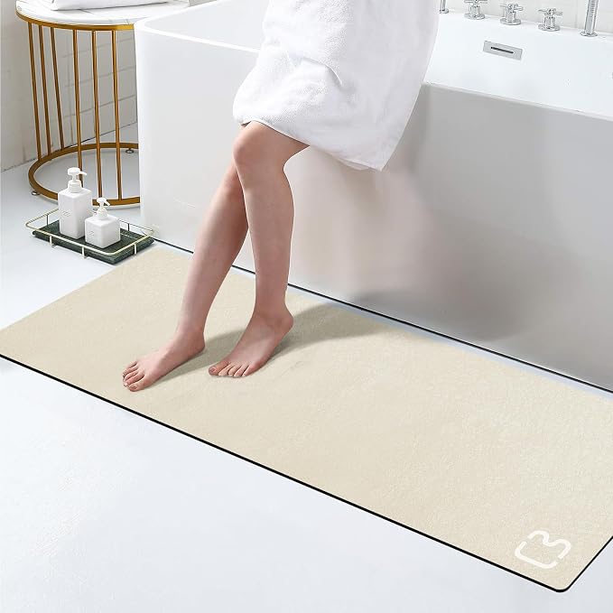 RUERYA Beige Bathroom Mat Rugs 15.7" x 47.2" Super Absorbent Quick Drying Diatomaceous Earth Bath Mats for Bathroom Non Slip Rubber Backed Thin Bathroom Rugs Floor Mat, Machine Washable