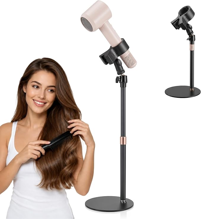 Hair Dryer Stand Holder, Hands-Free Adjustable Countertop Stand, Stable Round Base, 360° Rotating Ball Joint, Fits Most Hair Dryers, Black