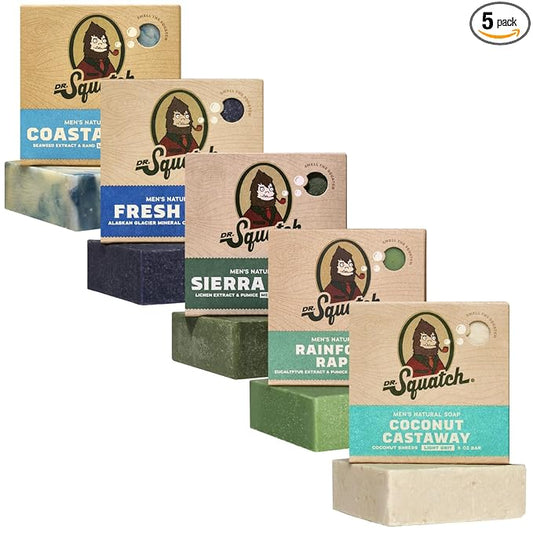 Dr. Squatch Natural Men’s Bar Soap - Cold Process Body Soap Bar with Natural Oils - Gifts for Men - Coastal Mist, Fresh Falls, Sierra Storm, Rainforest Rapids, Coconut Castaway (5 Pack)