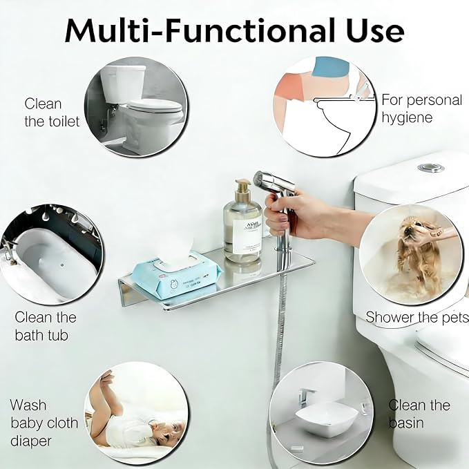 Handheld Bidet Sprayer for Toilet & Muslim Shower Kit with Storage Shelf, Brass T-Valve, Adjustable Pressure, No Drip, Easy Install, Feminine Care, Diaper & Pet Wash, Ceruleanix