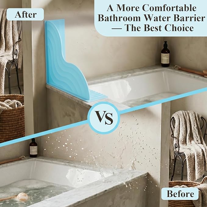 2-Pack Blue All-Silicone Bathtub Splash Guards. | No-Glue Corner Water Stopper with Secure Suction Cups, Easy On/Off Bath Tub Leak Proof Barrier for Walk-in Showers.