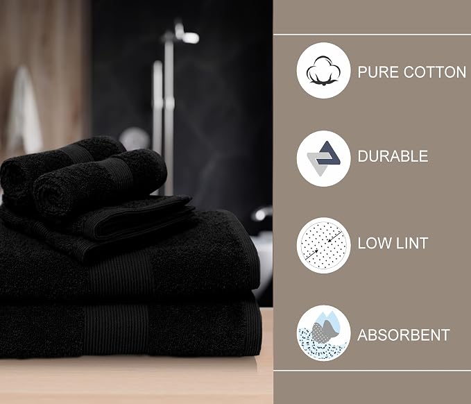 COTTON CRAFT 8 Piece Towel Set - 100% Cotton Plush 500 GSM Bathroom Towels - Soft Super Absorbent Quick Dry - Luxurious Border - 2 Bath, 2 Hand, 4 Washcloth - Black