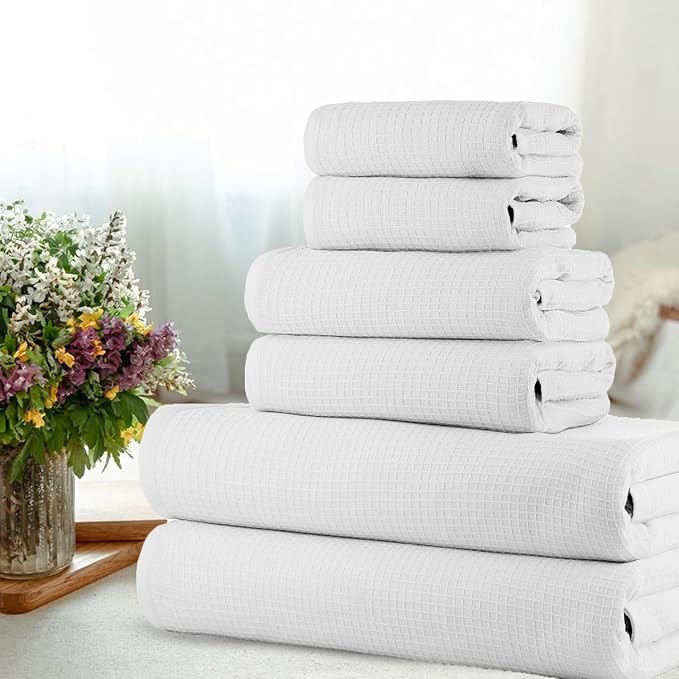 CASA COPENHAGEN Waffle 6Pcs 100% Egyptian Cotton Large Designer Towels Gift Set- White, 2Bath 2Hand 2Washcloths, Bath Towels for Bathroom (Box Pack, Set for Women & Men)