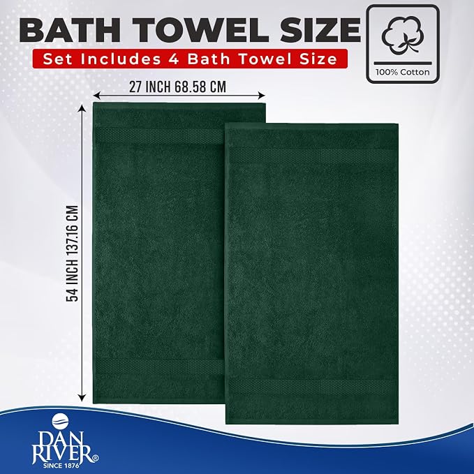 DAN RIVER Large Bath Towels Set of 4, 27 x 54 Inches, 600 GSM Larger & Lighter Weight Towels for Bathroom - Highly Absorbent & Quick Dry 100% Cotton Bath Towel Set for Home, Spa & Hotel - Huntergreen