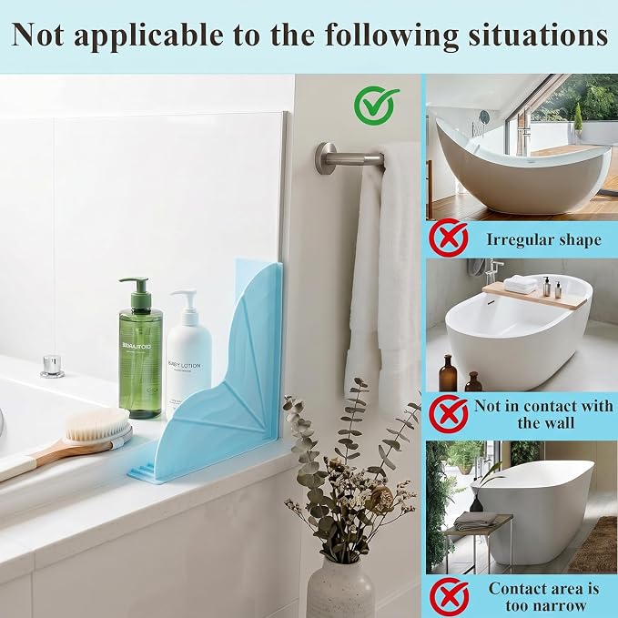 2-Pack Blue All-Silicone Bathtub Splash Guards. | No-Glue Corner Water Stopper with Secure Suction Cups, Easy On/Off Bath Tub Leak Proof Barrier for Walk-in Showers.