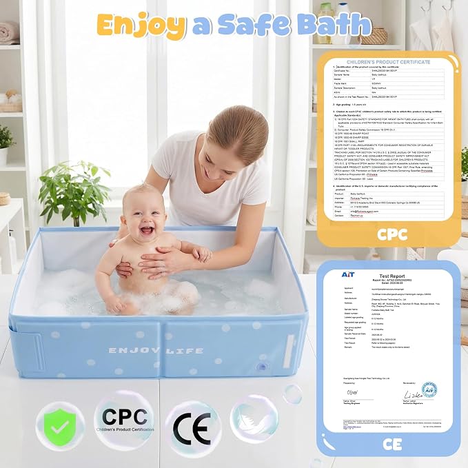Orzbow Toddler Bathtub with Temperature Sticker, Collapsible Baby Bathtub with Side Drain Plug, Portable Bath Tub for Infant 6 Months+, Easy to Clean, Stable & Durable, Folds to Store, Blue