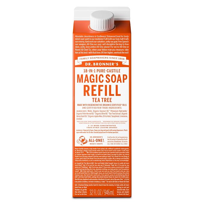 Dr. Bronner's Magic Soap-Pure-Castile Liquid Soap Refill (Tea Tree, 32 ounce, 1-Pack)-Regenerative Organic Certified Oils, For Body, Hair, Laundry, Pets & Dishes, Concentrated, Vegan, Non-GMO