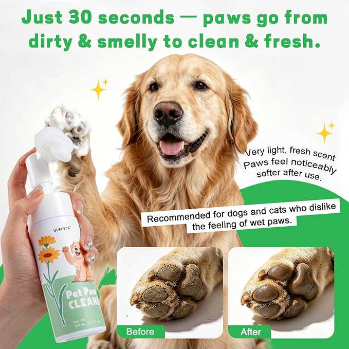 Dog Paw Cleaner No-Rinse Foam, 5-in-1 Paw Washer with Soft Silicone Brush - Removes Mud Dirt & Odor, Moisturizes & Soothes Dry Cracked Paws, pH-Balanced Hypoallergenic for Dogs & Cats, 5.07oz