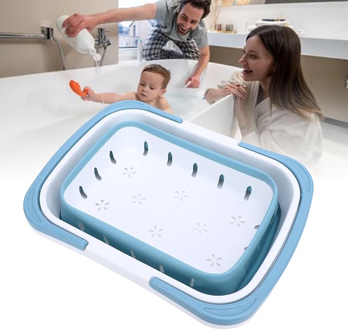 Brrnoo Folding Storage Basket, Bathtub Toy Storage Basket, Quick Drain Toy Organizer for Bathroom Kids Toys, Travel with Family Car Trunk Fruits Vegetables (Blue)