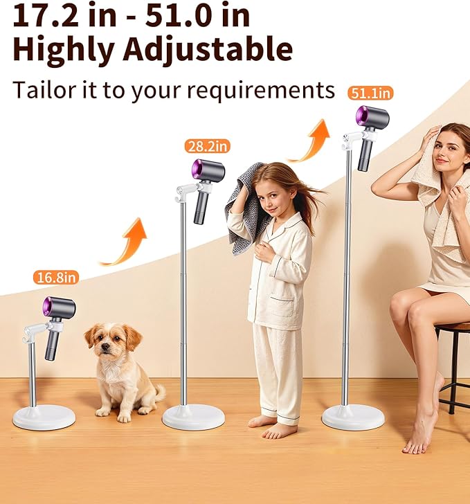 Hair Dryer Stand Hands Free, 360° Rotation White | Anti-Slip Stable Base, Aluminum Alloy, Adjustable Height 17-51 Inch, For Families & Pet Grooming