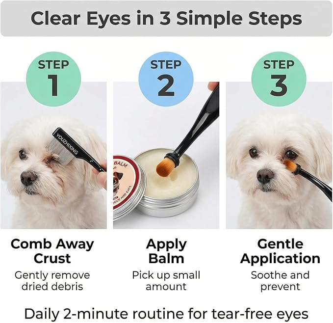 4-Piece Dog Tear Stain Remover Kit - Natural Eye Gunk Balm (1 oz) with Pro Brush & 2 Grooming Combs (Fine-Tooth & Paw-Print Design) - Safe for White Dogs, Cats, Daily Eye Cleaning