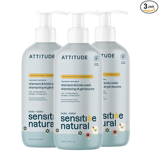 ATTITUDE Baby 2-in-1 Shampoo and Body Wash, EWG Verified, Plant- and Mineral-Based Ingredients, Vegan Products for Sensitive Skin, Unscented, 16 Fl Oz (Pack of 3)
