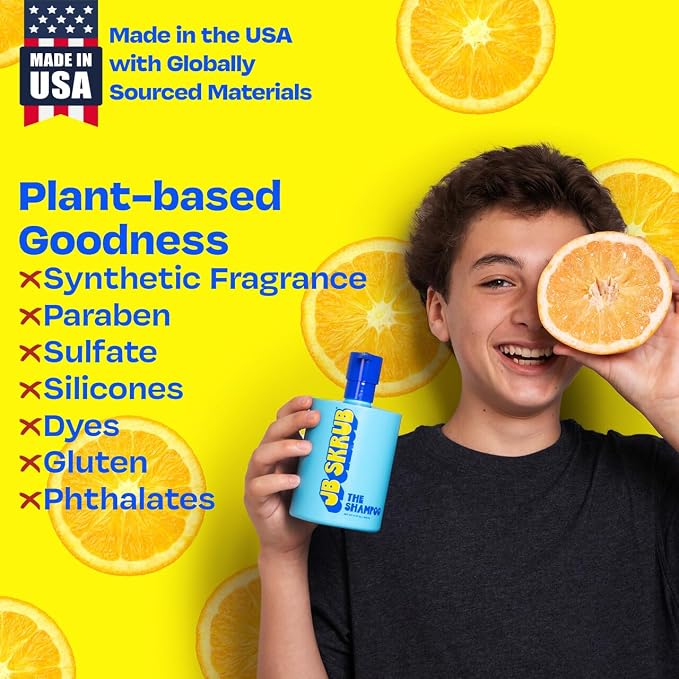 JB SKRUB Boys Shampoo for Kids, Tweens & Teens‚ Aloe Vera & Green Tea for Healthy Hair & Scalp‚ Sulfate-Free, Paraben-Free, Citrus Scent, 14 oz.