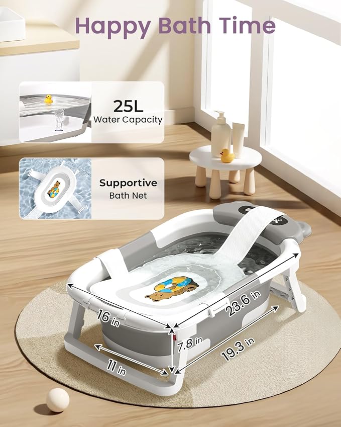 2-in-1 Foldable Baby Bathtub with Stand, Newborn Tub for Infant to Toddler, Easy-Store Design, Baby Shower Gift for New Parents, Grey