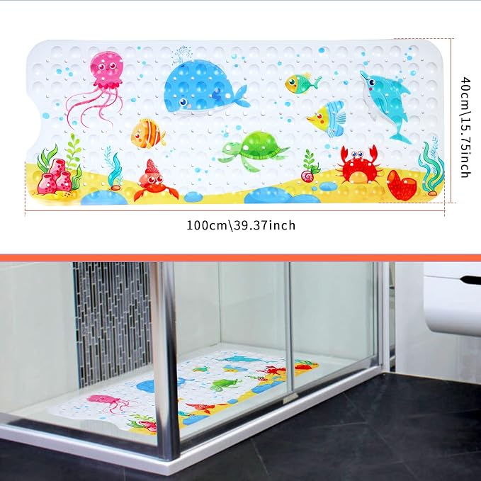 Secopad Bath Mat for Tub Non Slip, Machine Washable Anti-Slip Cartoon Baby Bathtub Shower Mat with Drain Holes and Suction Cups for Toddler & Kids, 40 Inch x 16 Inch-Rectangular, Little Whale
