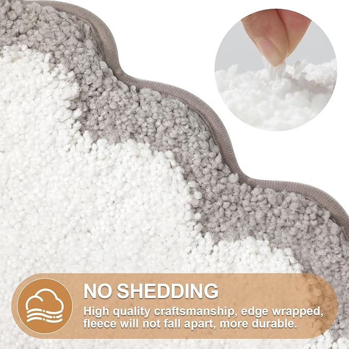 ORTIGIA Long Cute Scalloped Bathroom Rugs Runner, Fun White and Gray Plush Microfiber Scallop Bath Mats Non Slip Washable Quick Dry Absorbent, Rug Carpet for Bathtub Sink Laundry Room Bedroom, 17x47