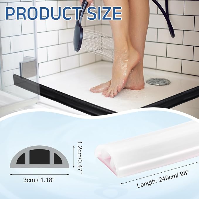 uxcell Shower Water Barrier, 98" Silicone Splash Guard Shower Water Stopper Retention System for Bathtub Sink Washing Machine Dry and Wet Separation, 1.18"W x 0.47"H, Clear