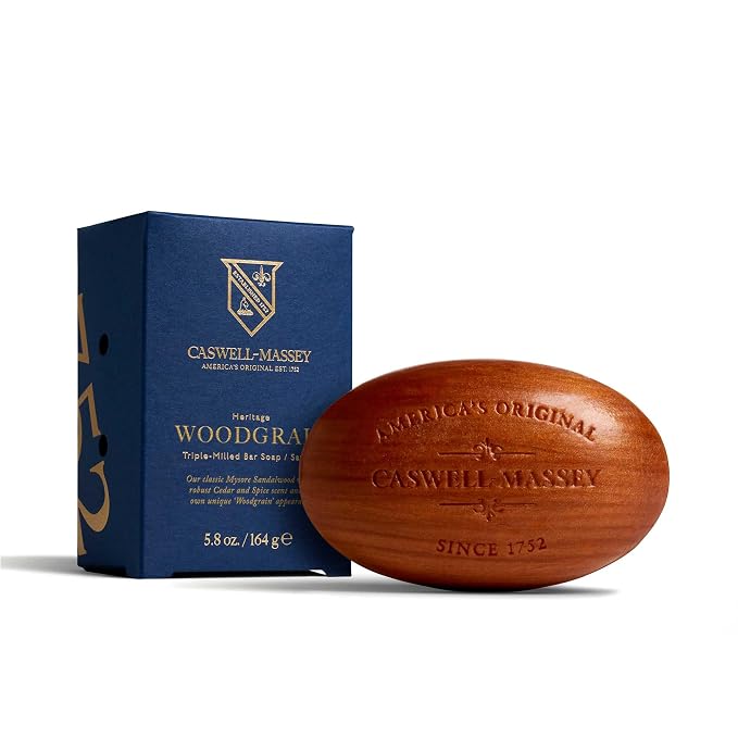 Caswell-Massey Woodgrain Sandalwood Natural Bar Soap for Men & Women, Moisturizing Body Soap Bar for All Skin Types, Made with Essential Oils & Plant-Based Formula for Soft Skin, Made in USA, 5.8 oz