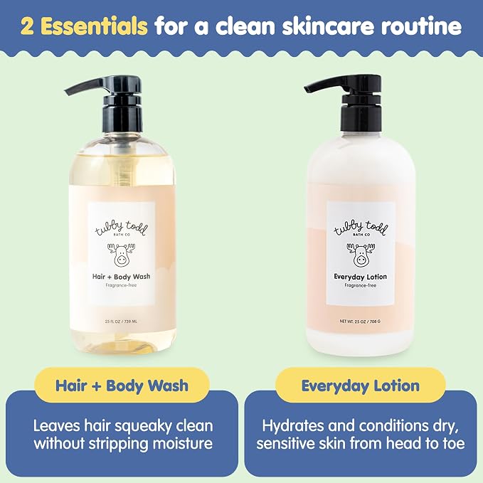 Tubby Todd's Baby Body Wash and Lotion Set - Gentle, Hypoallergenic Skincare for Newborns & Toddlers - 25oz, Fragrance-Free