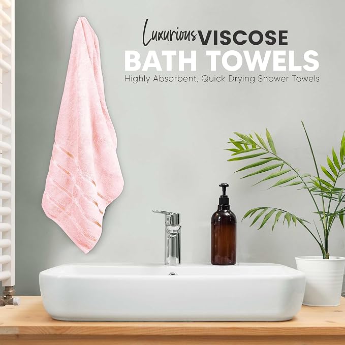 Luxury Bath Towels Set of 4-27x54 Inches 600GSM 100% Cotton Ring Spun - Daily Use Highly Absorbent Viscose Stripe Bath Towel Sets for Bathroom, Hotel, Spa (Light Pink)