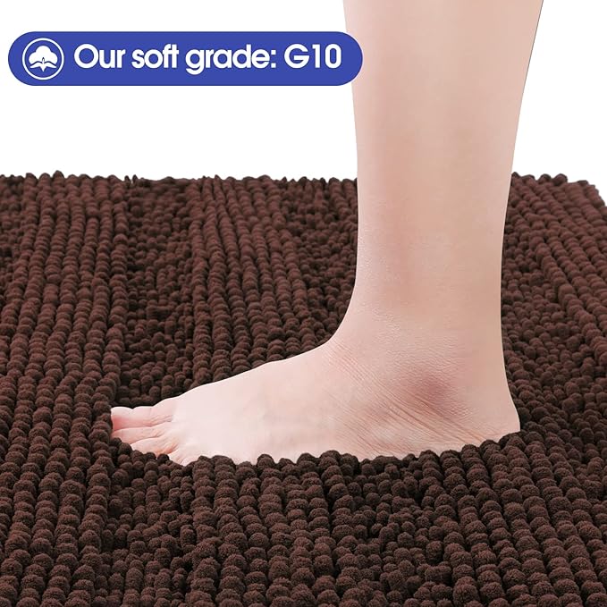 ACCUMTEK Striped Brown Bathroom Rug Mat Set 2 piece 32"x20"+60"x20" Ultra Soft, Non Slip Chenille Bath Rugs, Absorbent Plush Shaggy Bath Mats for Bathroom, Bedroom, Kitchen, Shower, Tub