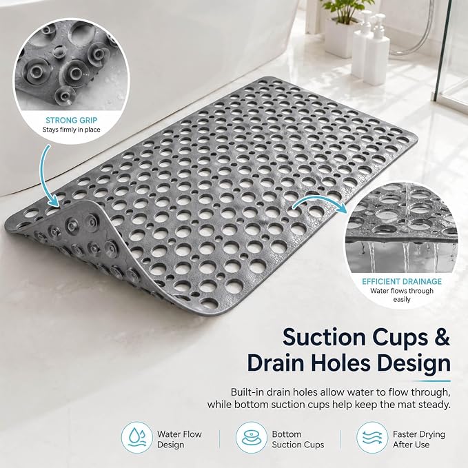 Casa and Beyond Shower Mat, Secure Shower Mat-Non-Slip, Washable Non-Slip Bathtub Mats, with Suction Cups and Drain Holes, Soft Textured Design, Easy to Clean for Bathroom (White, 27.6" x 15")