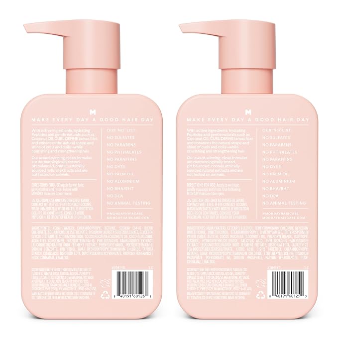 MONDAY HAIRCARE Curl Define Shampoo + Conditioner Set (2 Count) 12 oz Each Nourishes Curls, Tames Frizz, Coconut Oil and Shea Butter Enhance Shine, 100% Recyclable Bottle